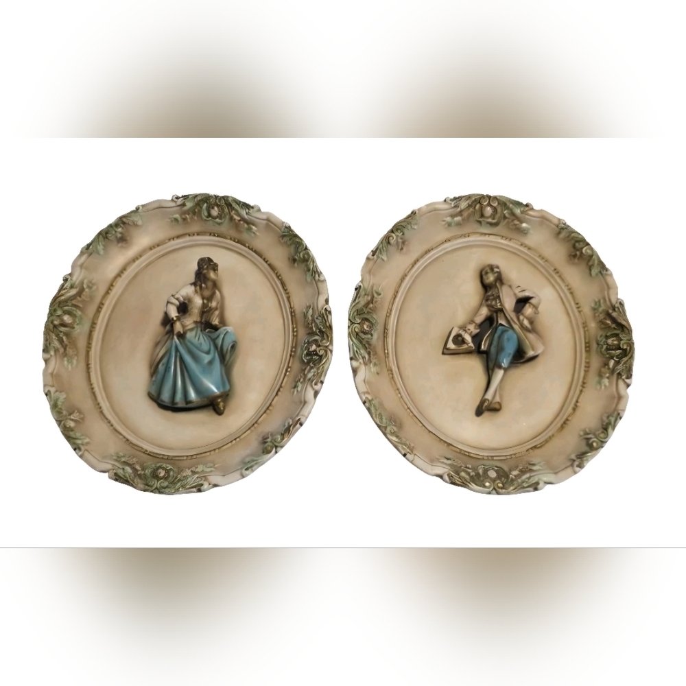 Set of Vintage 3D Chalkware Wall Plaque Victorian Man & Woman Elegant Dress Wear